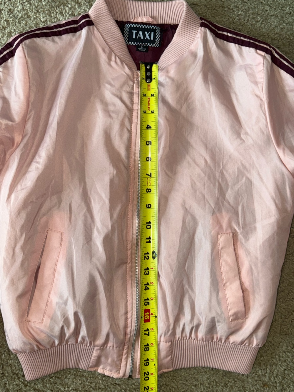 TAXI Pink Bomber Jacket‎ Burgundy Stripe Zip Front Lightweight Size Large - Picture 6 of 9